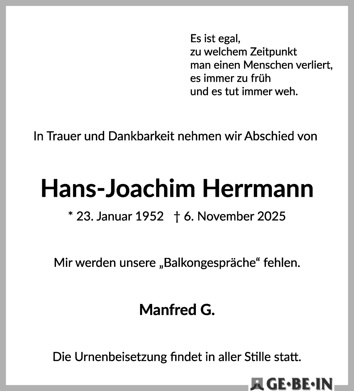 Traueranzeige von Hans-Joachim Herrmann von WESER-KURIER