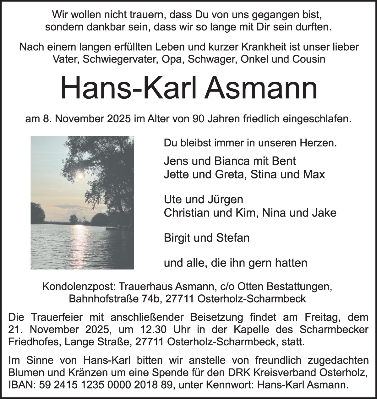 Traueranzeige von Hans-Karl Asmann von Osterholzer Kreisblatt