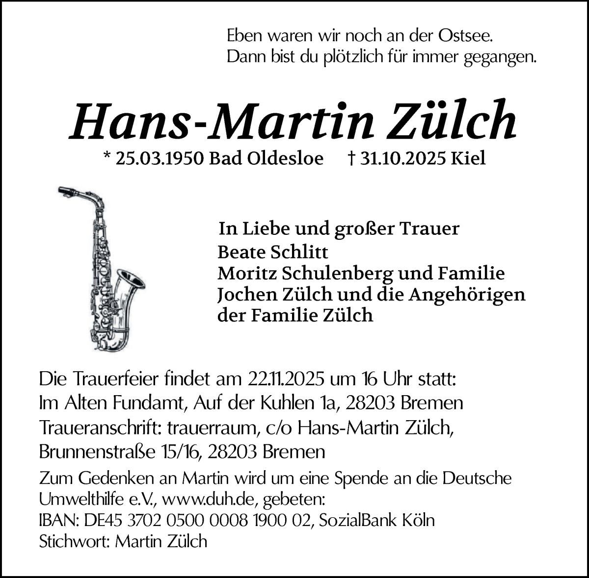 Traueranzeige von Hans-Martin Zülch von WESER-KURIER