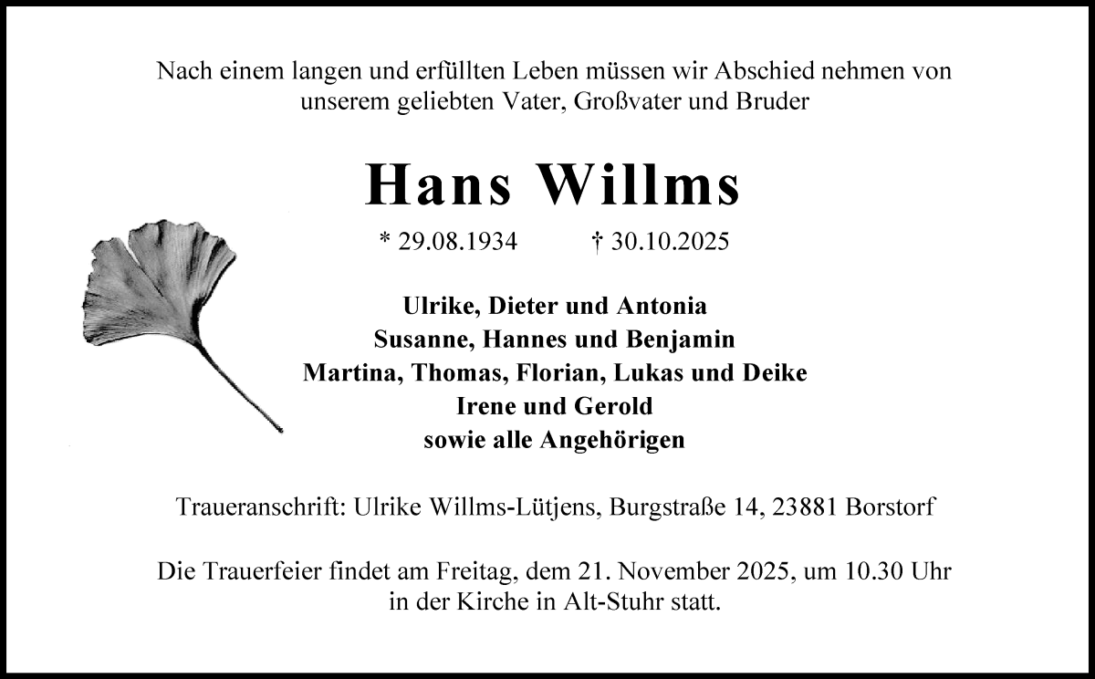 Traueranzeige von Hans Willms von Regionale Rundschau/Syker Kurier