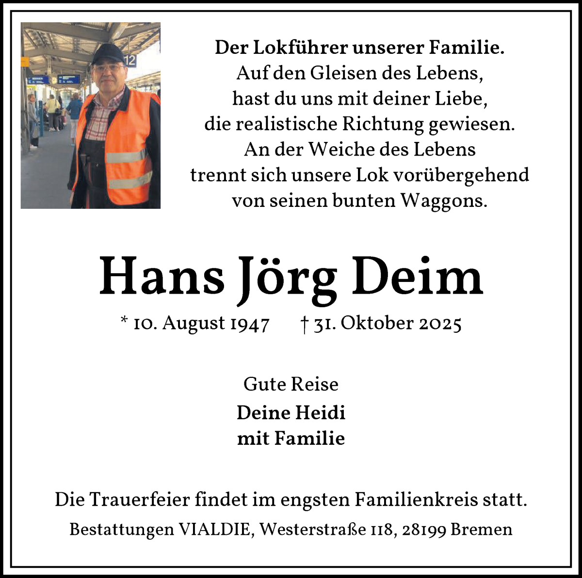 Traueranzeige von Hans Jörg Deim von WESER-KURIER