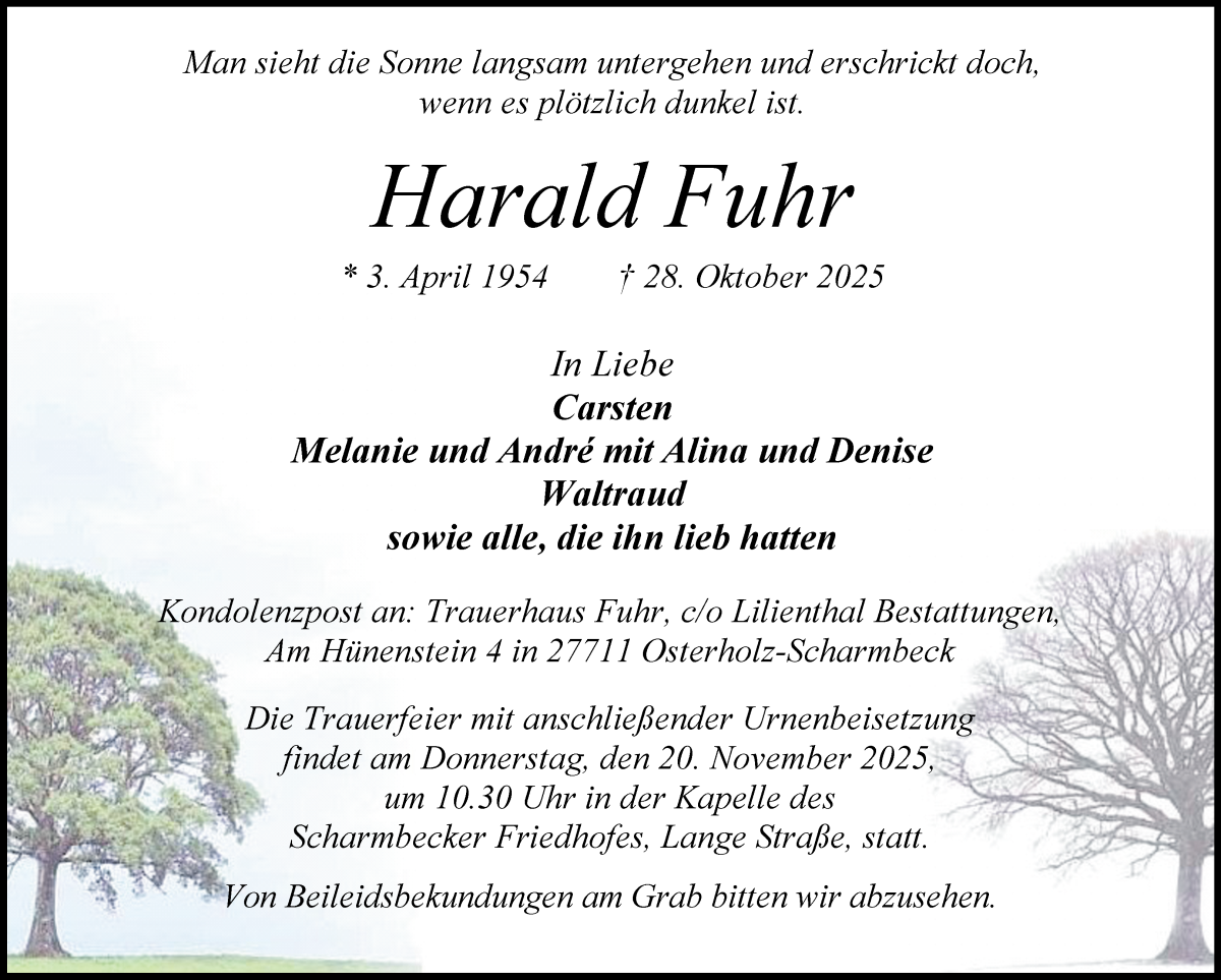 Traueranzeige von Harald Fuhr von Osterholzer Kreisblatt
