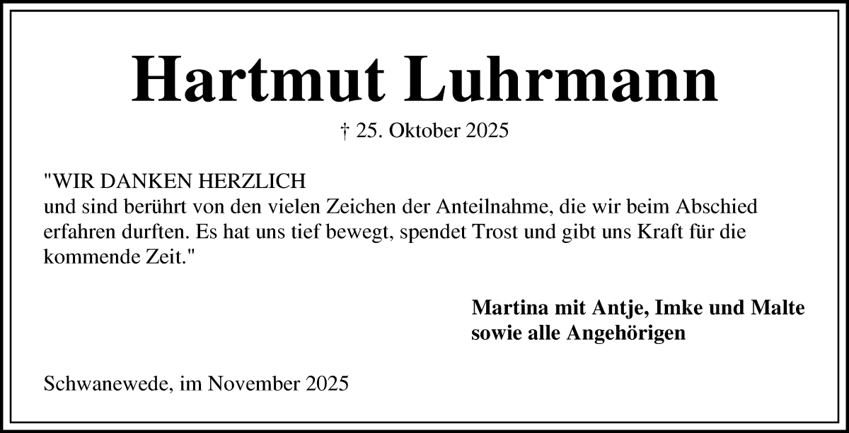 Traueranzeige von Hartmut Luhrmann von Die Norddeutsche