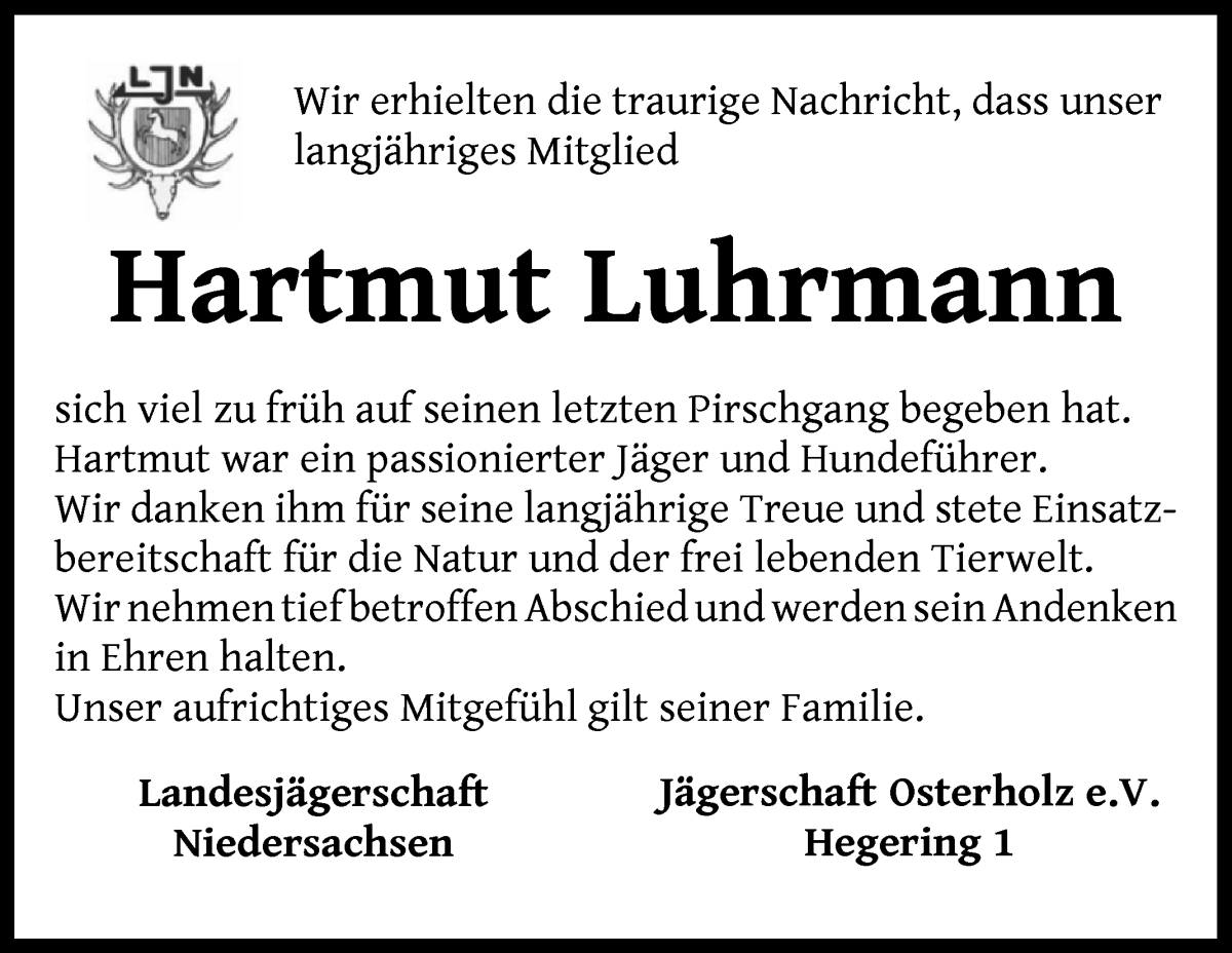 Traueranzeige von Hartmut Luhrmann von Die Norddeutsche