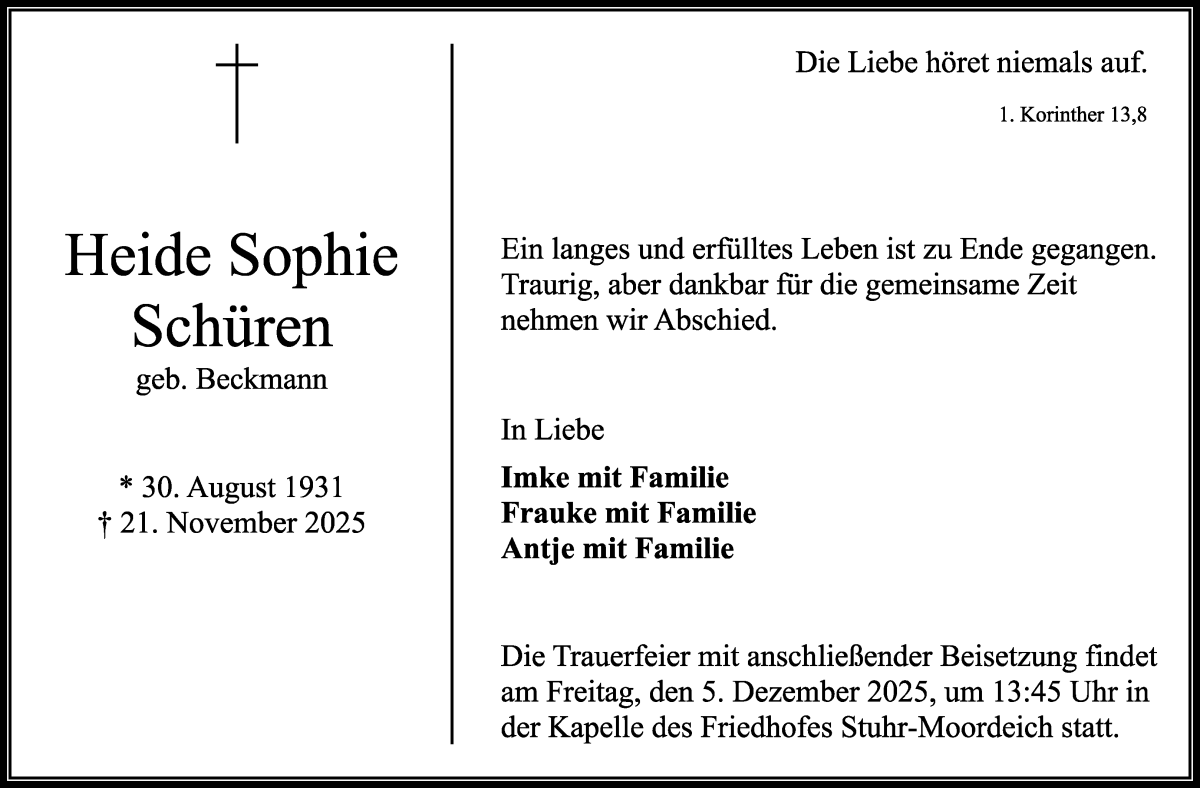 Traueranzeige von Heide Sophie Schüren von WESER-KURIER