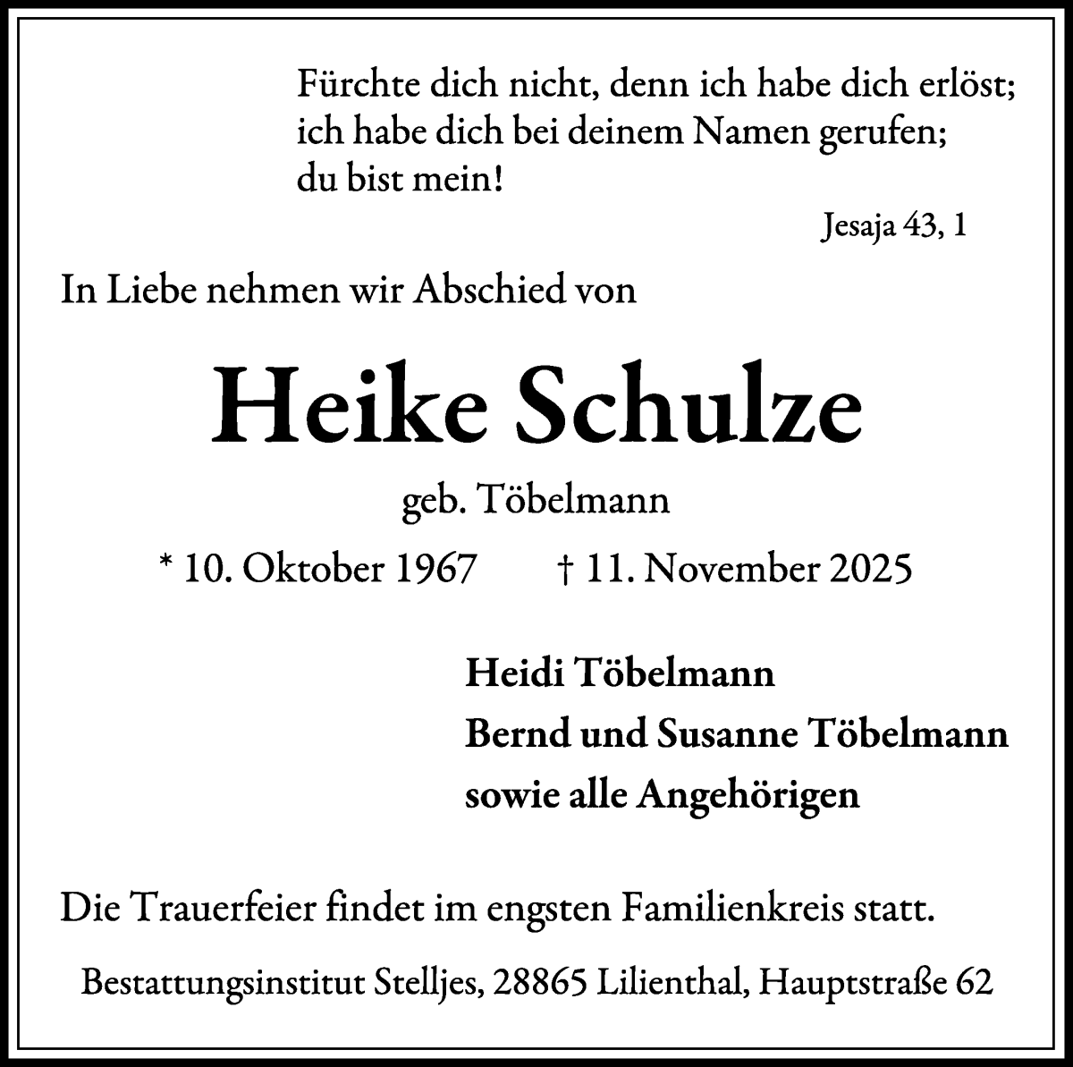 Traueranzeige von Heike Schulze von Wuemme Zeitung
