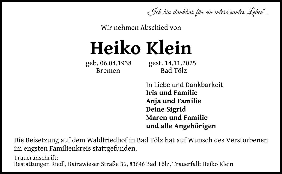 Traueranzeige von Heiko Klein von WESER-KURIER