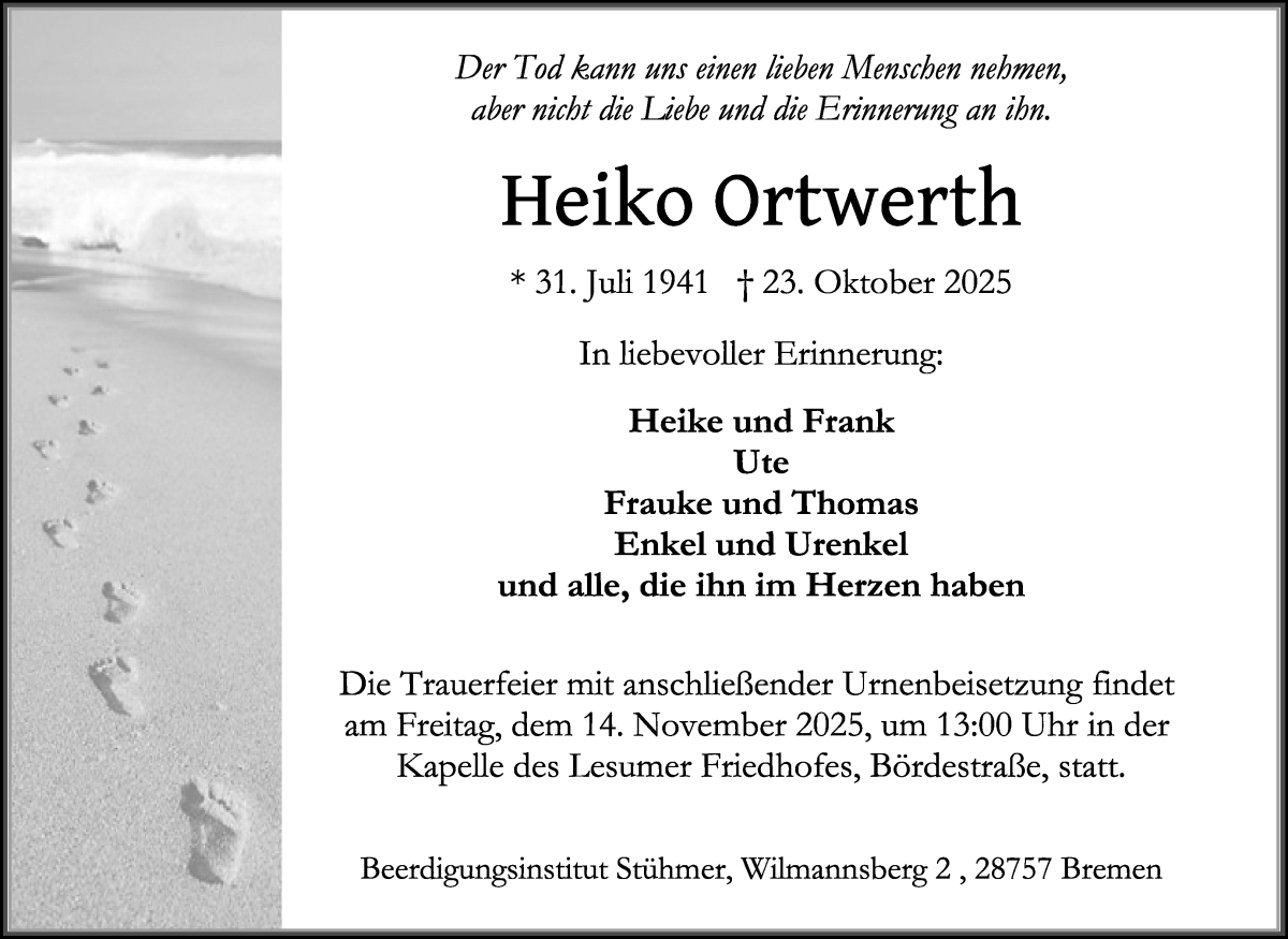 Traueranzeige von Heiko Ortwerth von Die Norddeutsche