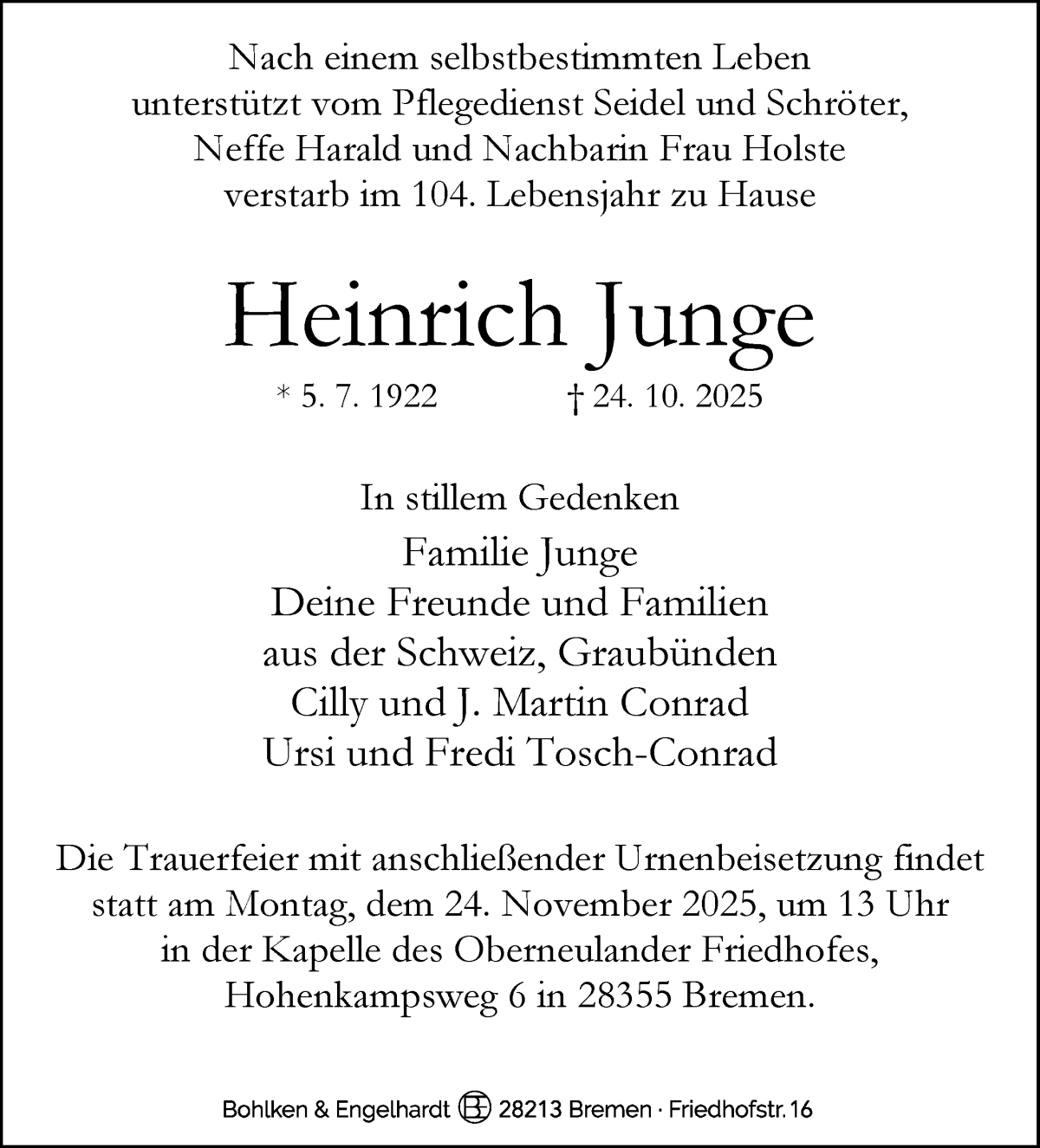 Traueranzeige von Heinrich Junge von WESER-KURIER