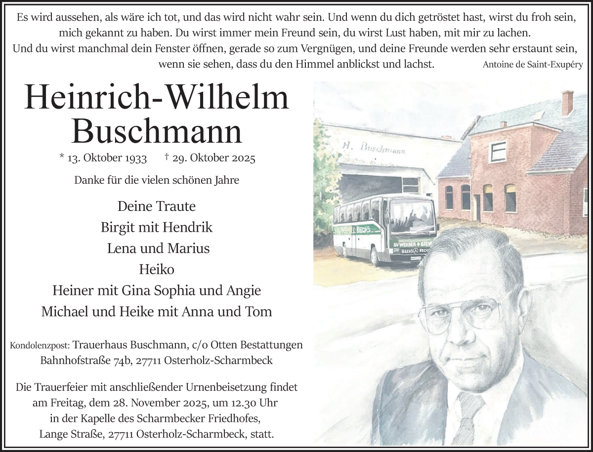 Traueranzeige von Heinrich-Wilhelm Buschmann von Osterholzer Kreisblatt