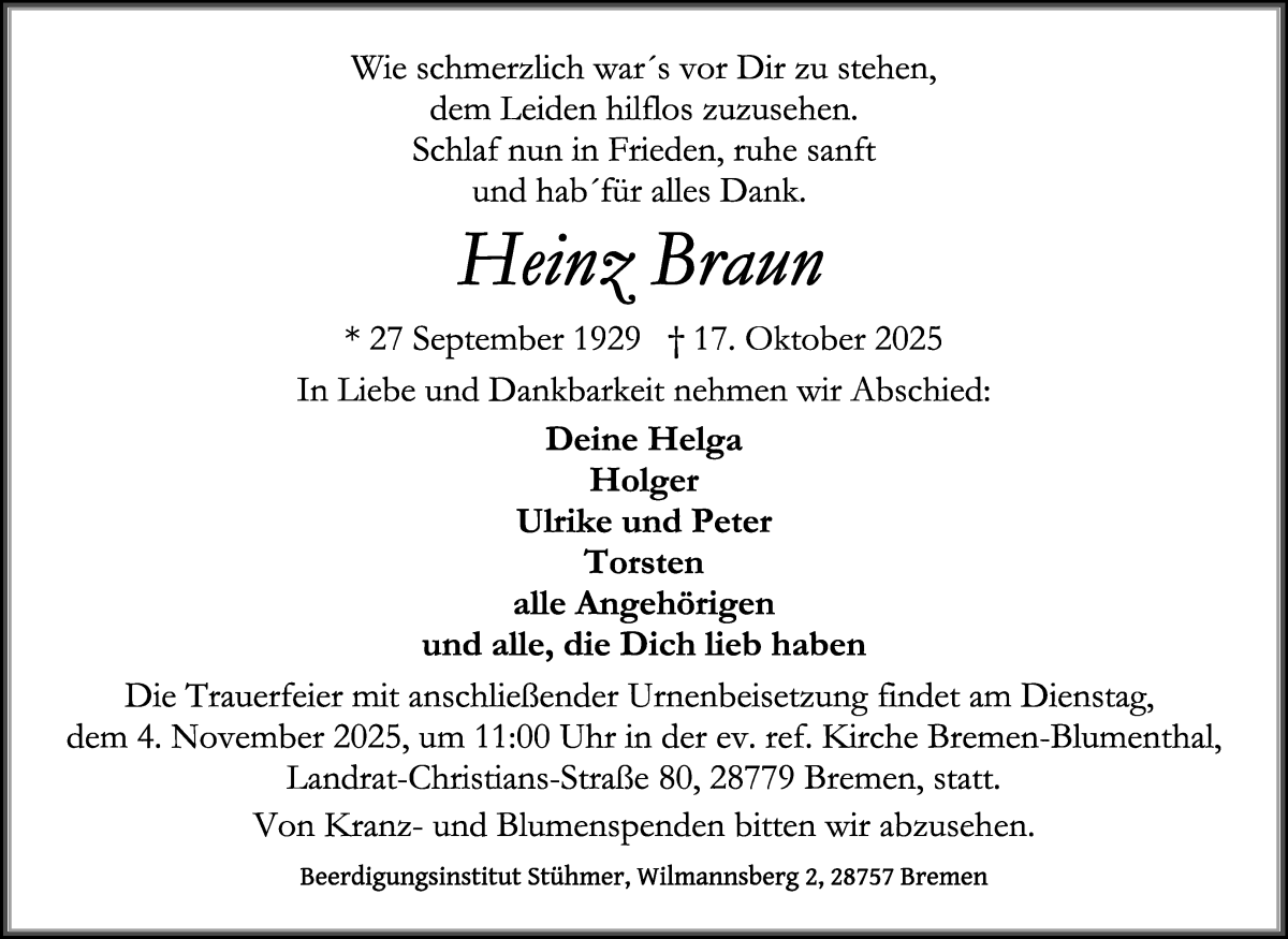 Traueranzeige von Heinz Braun von Die Norddeutsche