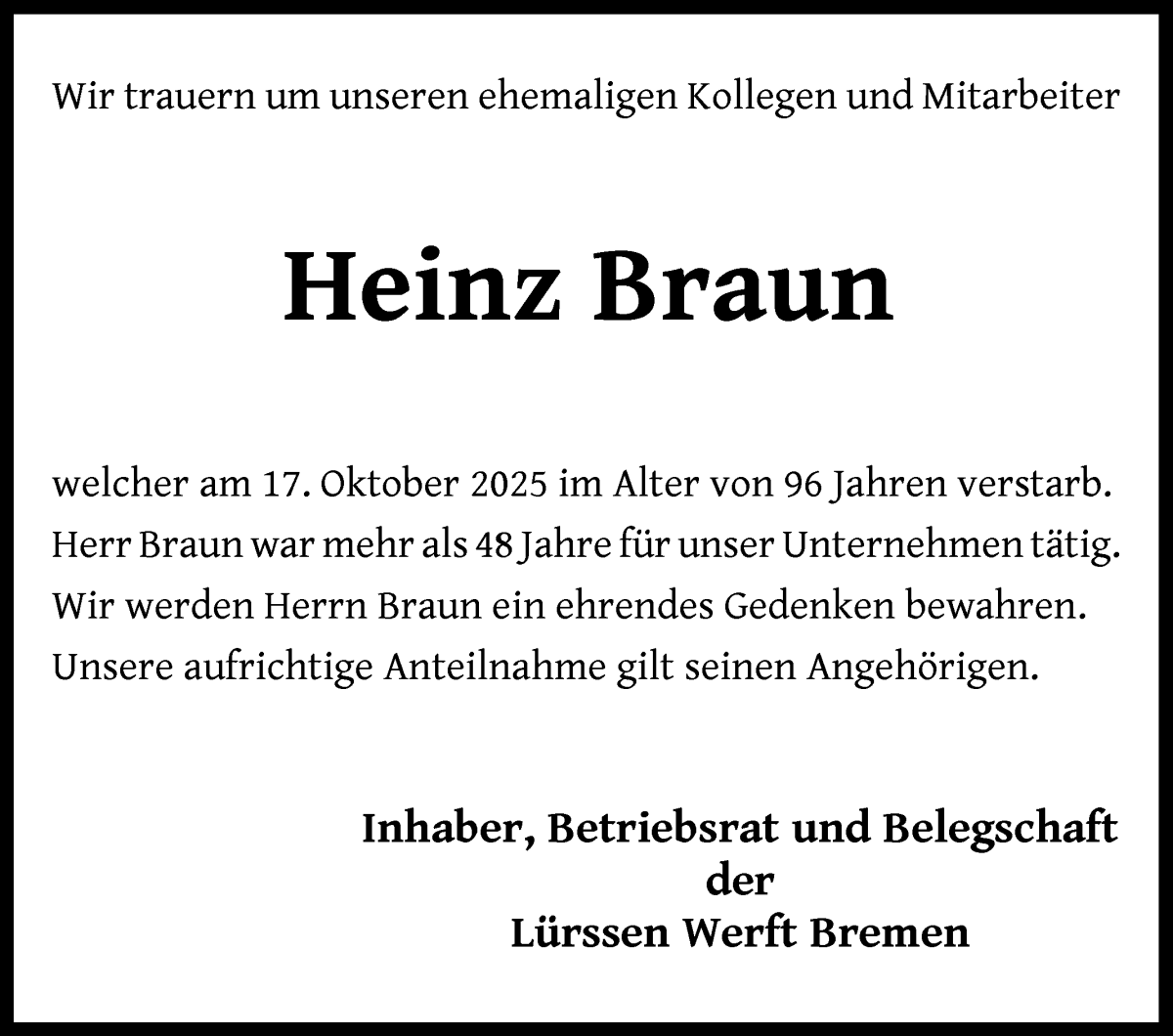 Traueranzeige von Heinz Braun von Die Norddeutsche