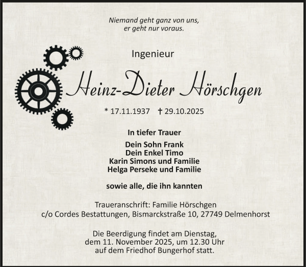 Traueranzeige von Heinz-Dieter Hörschgen von Delmenhorster Kurier