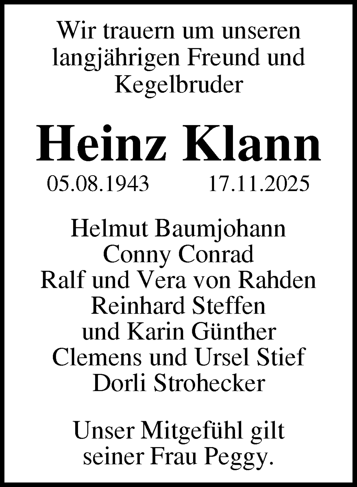 Traueranzeige von Heinz Klann von WESER-KURIER