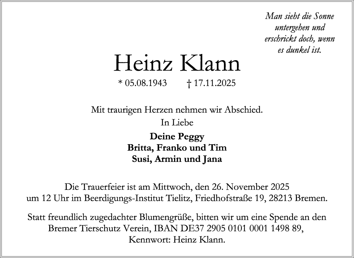Traueranzeige von Heinz Klann von WESER-KURIER