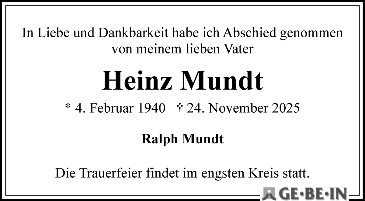 Traueranzeige von Heinz Mundt von WESER-KURIER