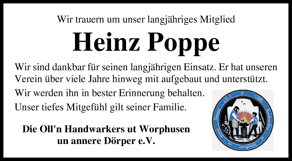 Traueranzeige von Heinz Poppe von Wuemme Zeitung