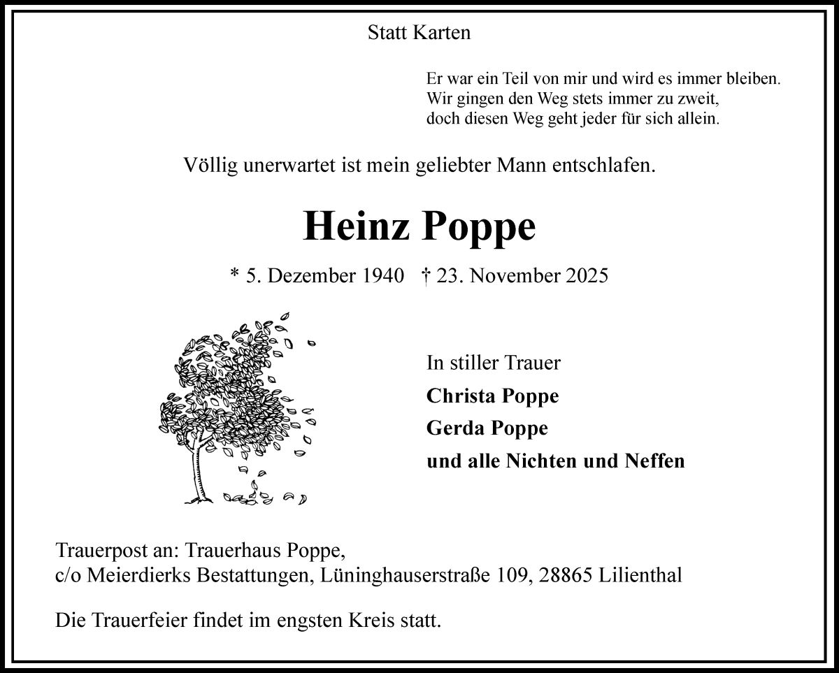 Traueranzeige von Heinz Poppe von Wuemme Zeitung