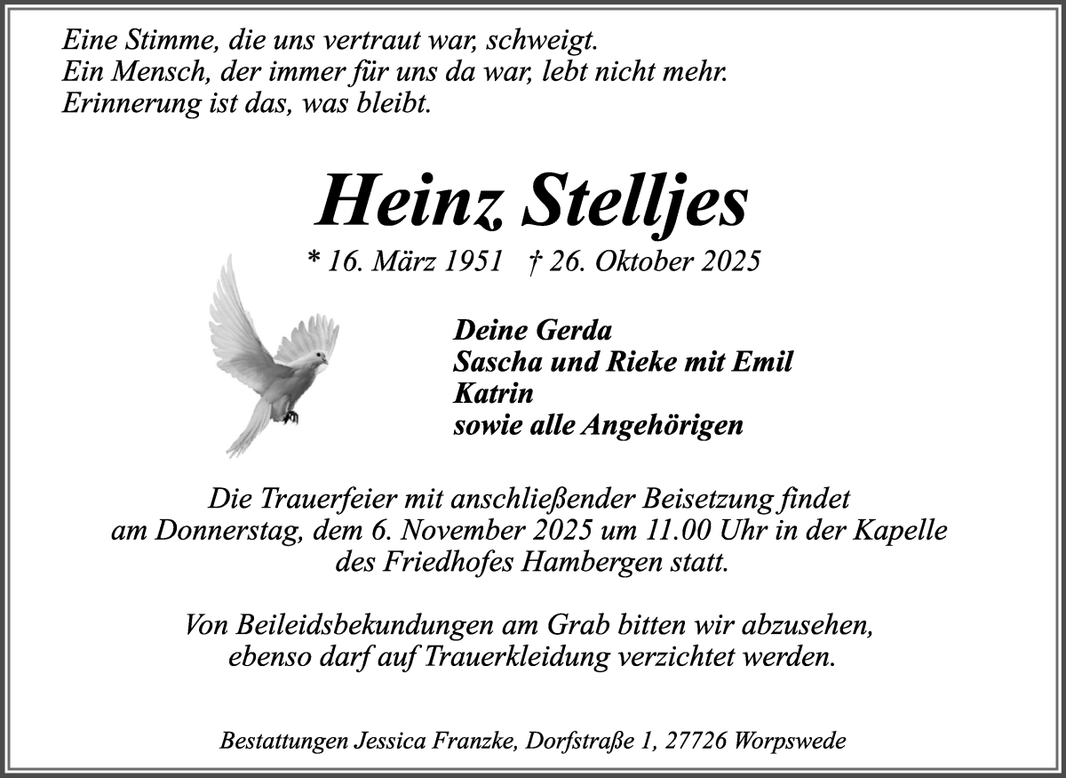 Traueranzeige von Heinz Stelljes von Osterholzer Kreisblatt