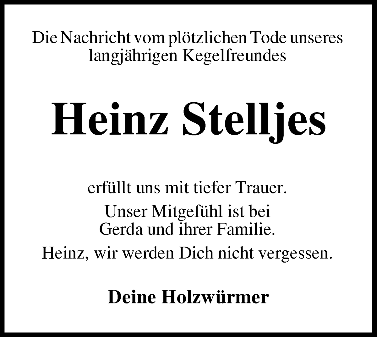 Traueranzeige von Heinz Stelljes von Osterholzer Kreisblatt