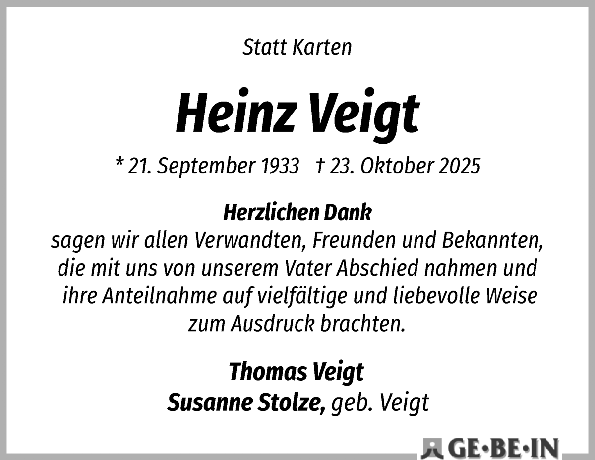 Traueranzeige von Heinz Veigt von WESER-KURIER