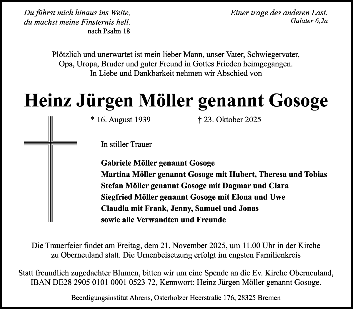 Traueranzeige von Heinz Jürgen Möller von WESER-KURIER