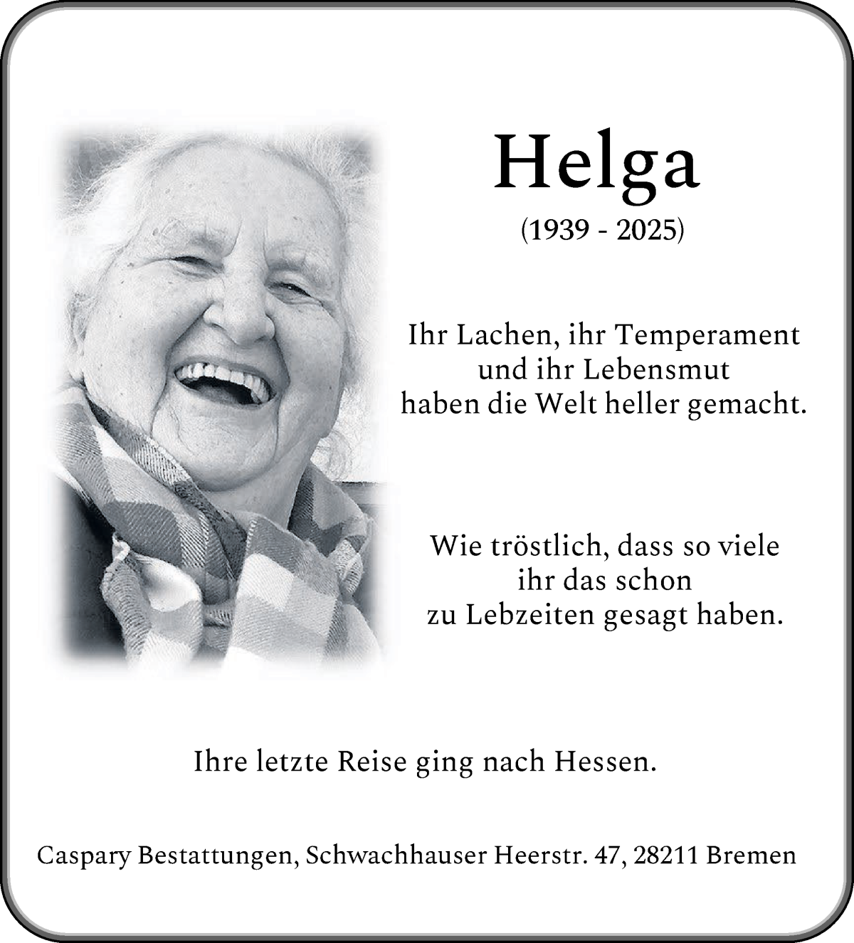  Traueranzeige für Helga  vom 08.11.2025 aus WESER-KURIER