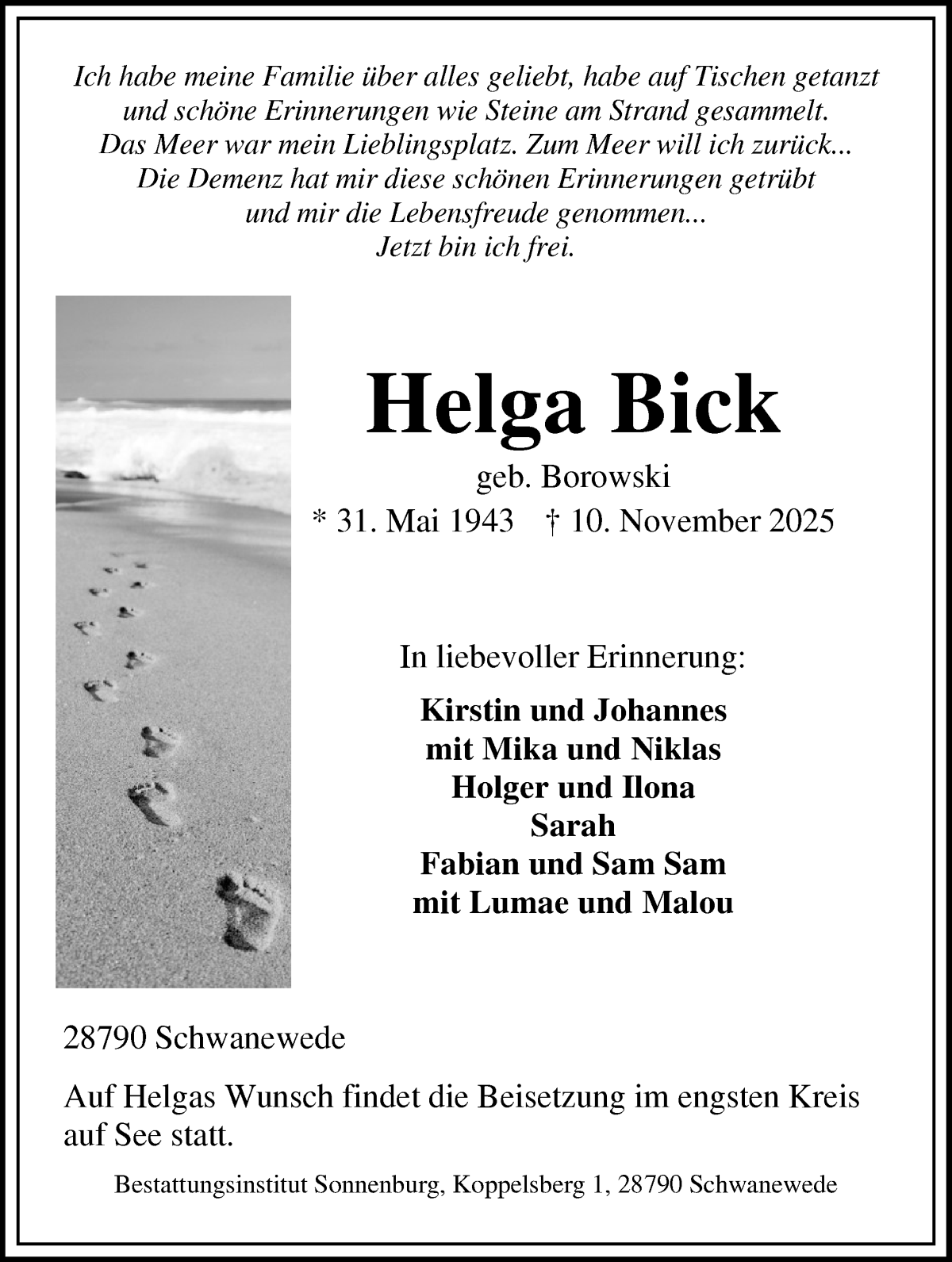 Traueranzeige von Helga Bick von Die Norddeutsche