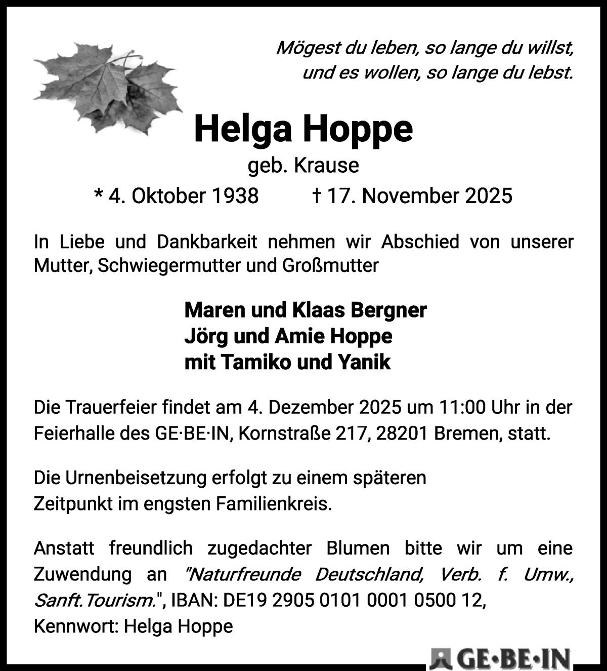 Traueranzeige von Helga Hoppe von WESER-KURIER