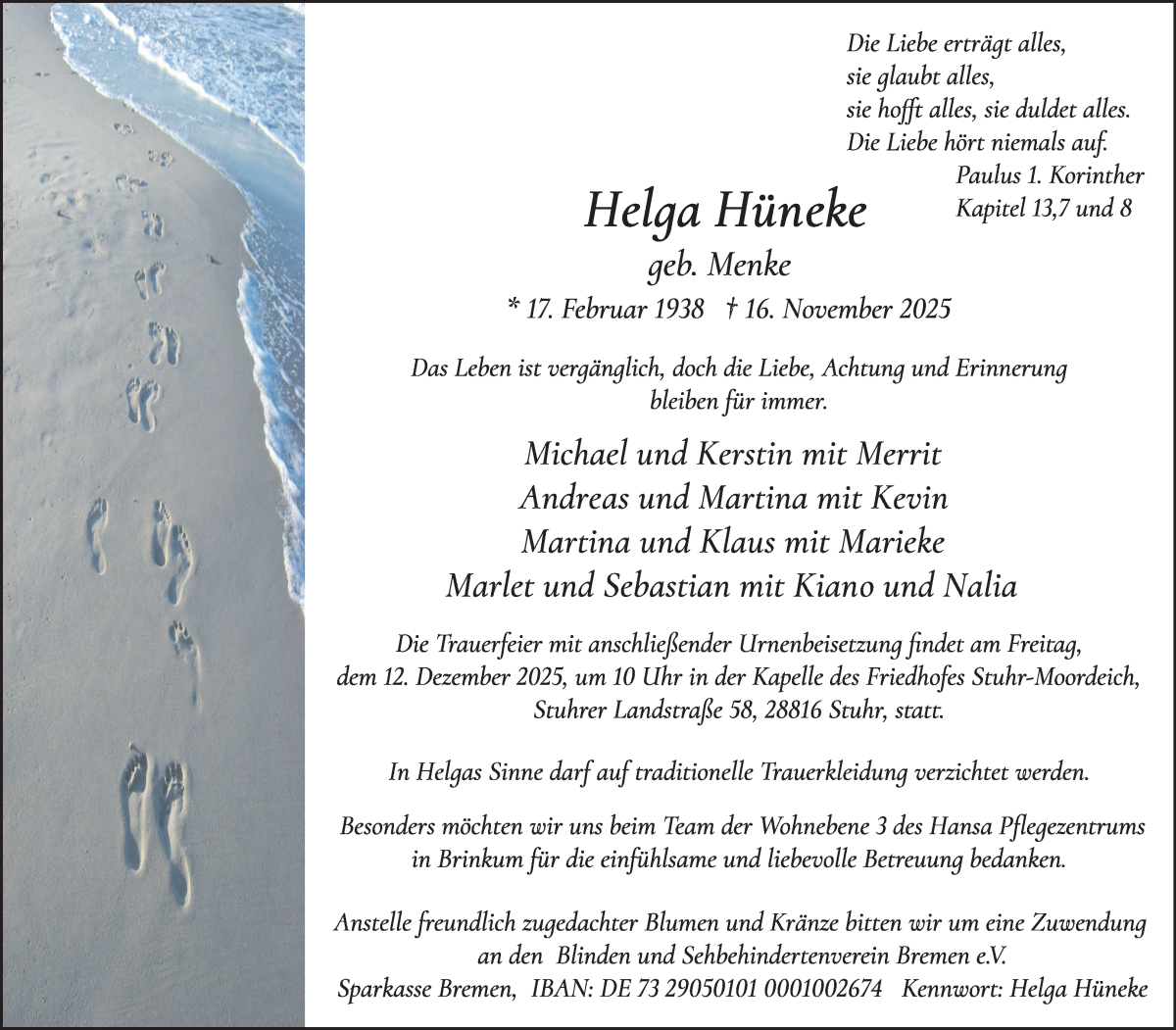  Traueranzeige für Helga Hüneke vom 29.11.2025 aus WESER-KURIER