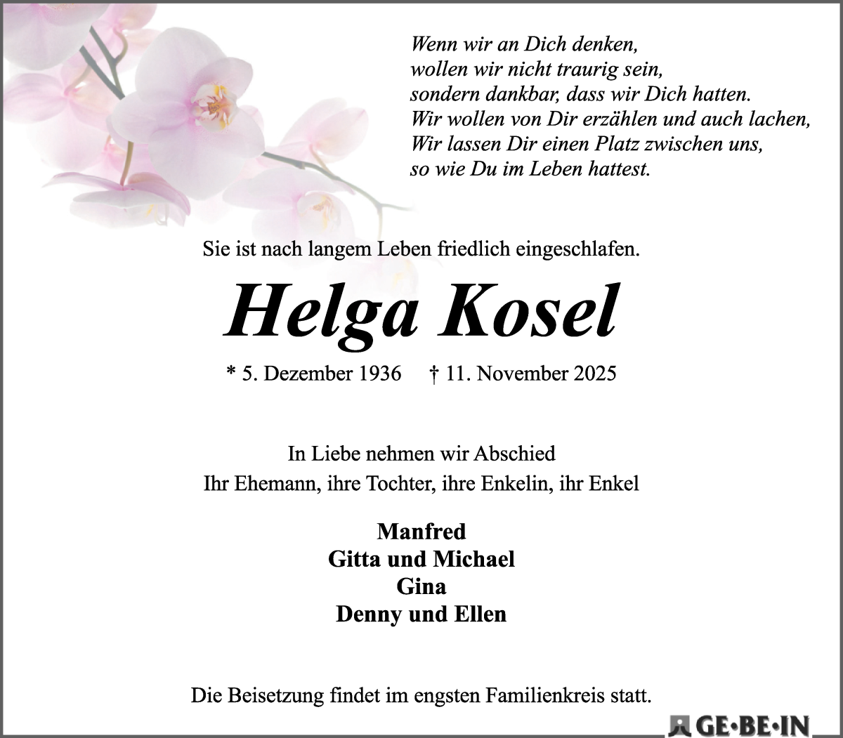  Traueranzeige für Helga Kosel vom 22.11.2025 aus WESER-KURIER