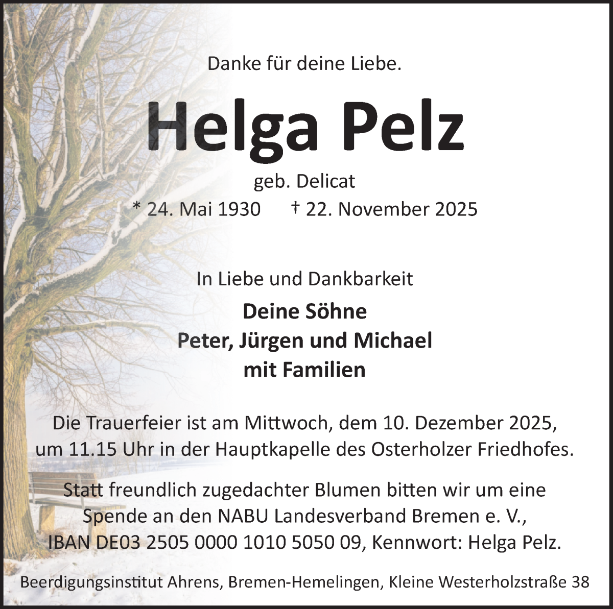 Traueranzeige von Helga Pelz von WESER-KURIER