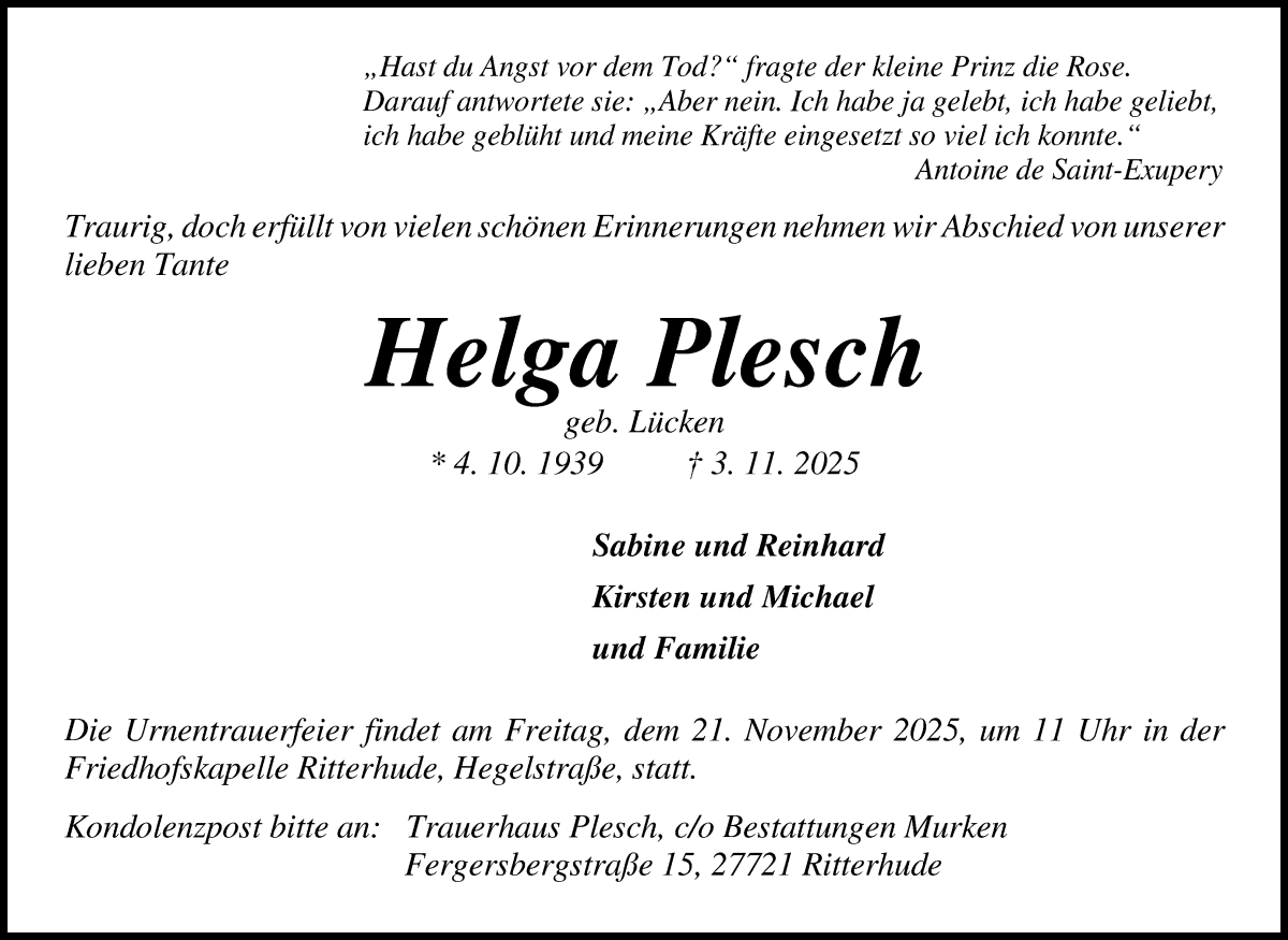 Traueranzeige von Helga Plesch von Osterholzer Kreisblatt