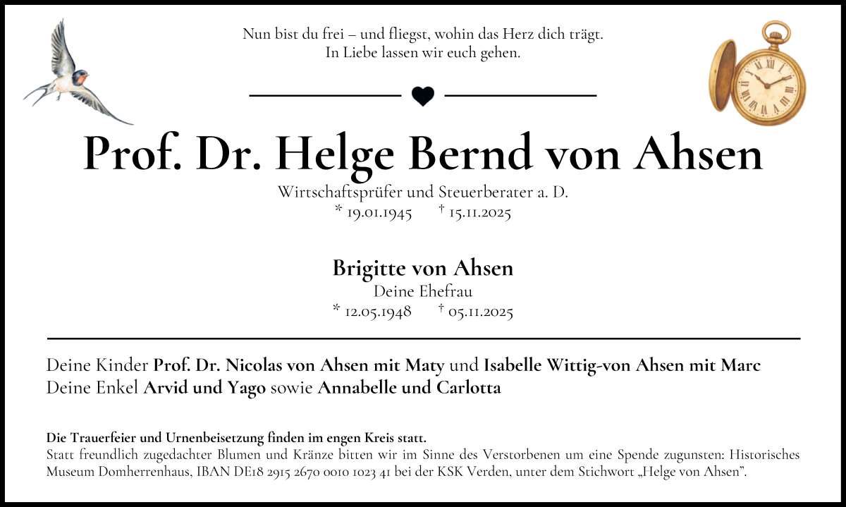 Traueranzeige von Helge Bernd von Ahsen von WESER-KURIER