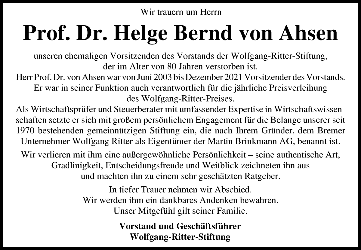 Traueranzeige von Helge Bernd von Ahsen von WESER-KURIER
