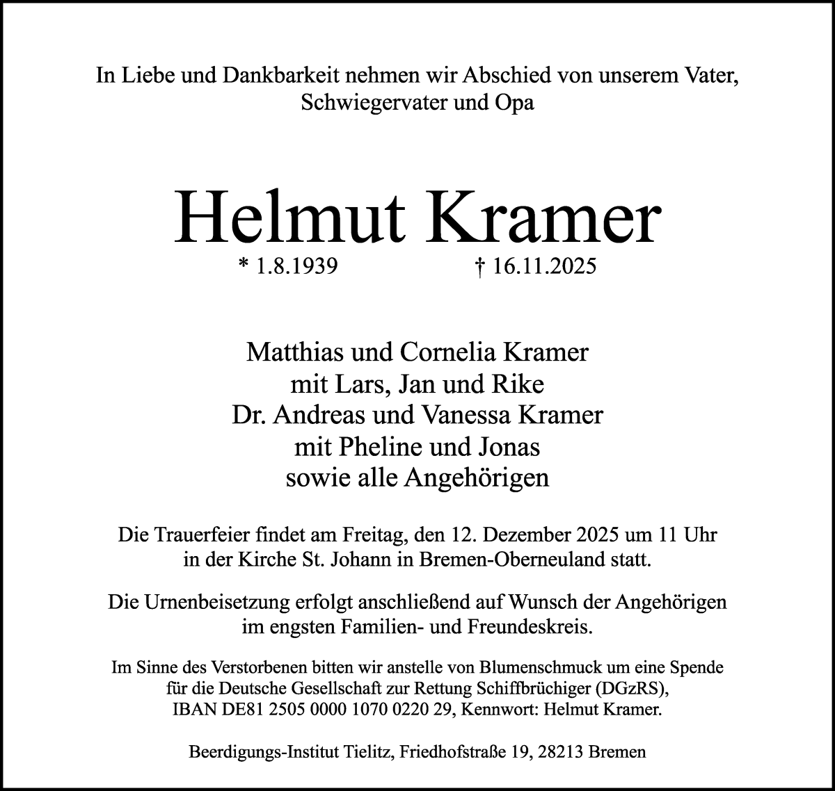 Traueranzeige von Helmut Kramer von WESER-KURIER
