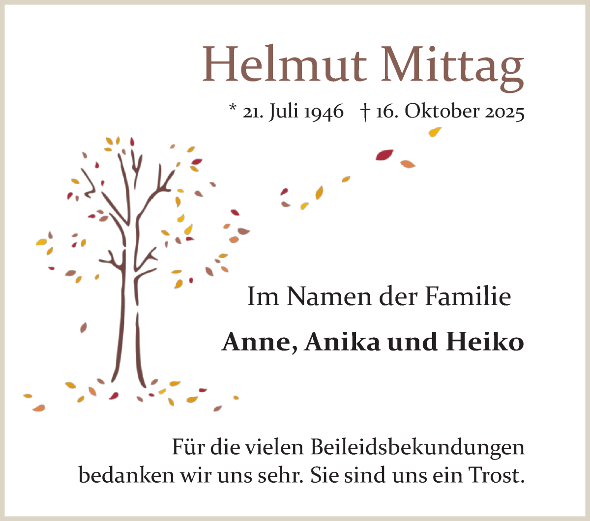  Traueranzeige für Helmut Mittag vom 22.11.2025 aus WESER-KURIER
