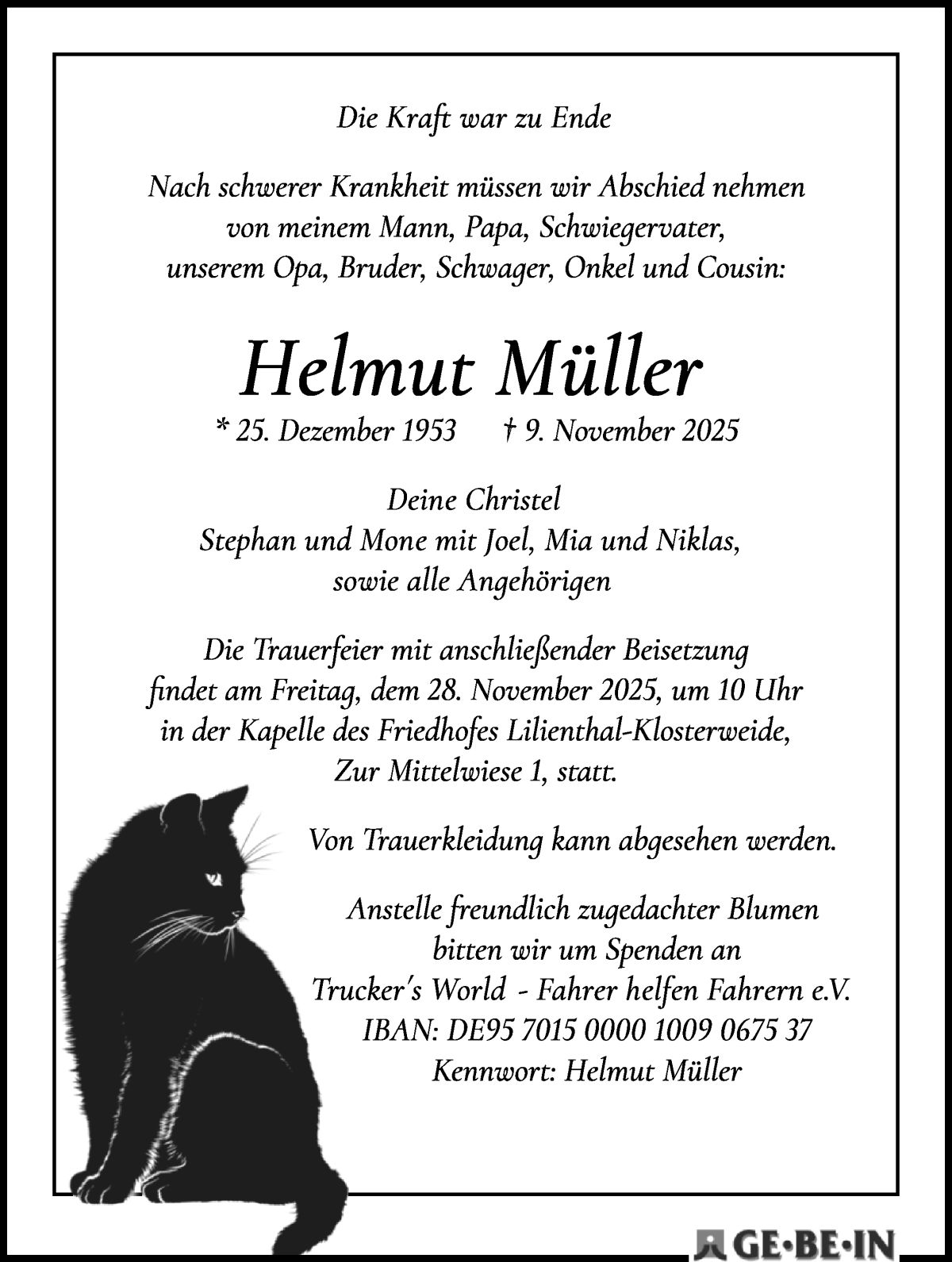  Traueranzeige für Helmut Müller vom 22.11.2025 aus WESER-KURIER