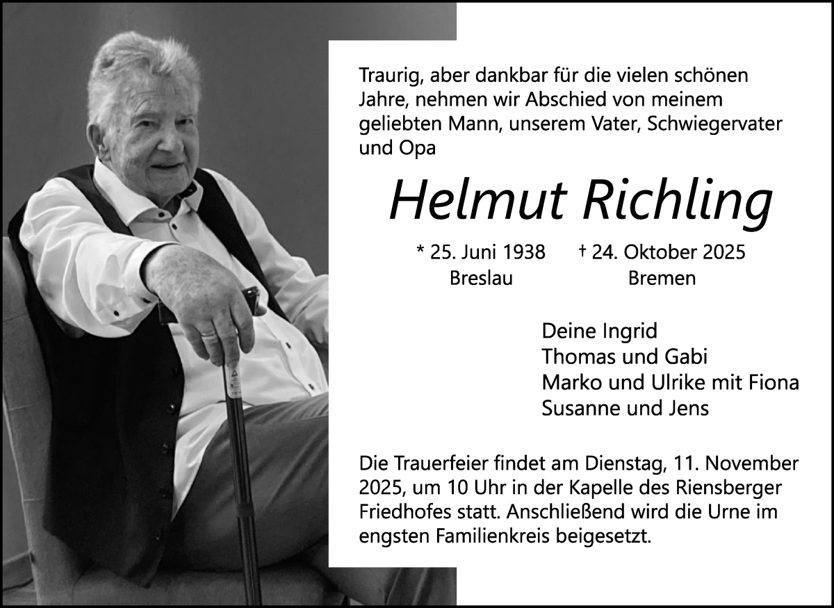 Traueranzeige von Helmut Richling von WESER-KURIER