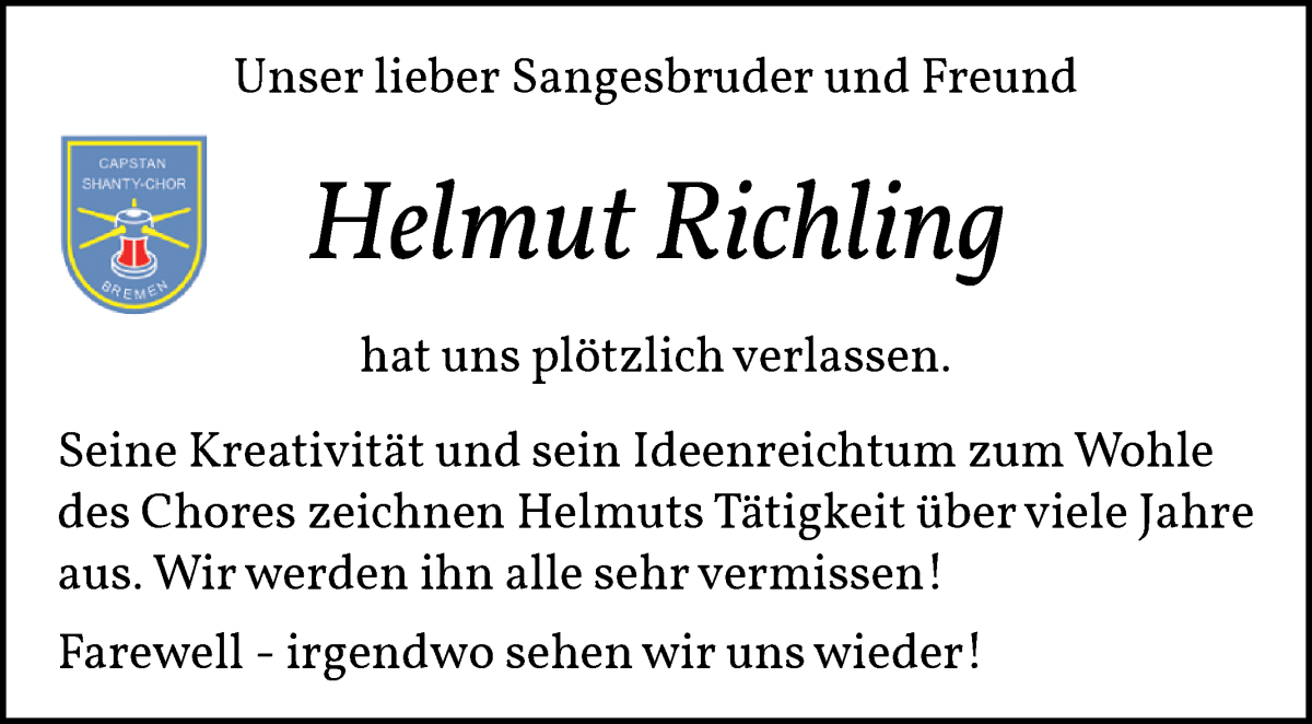 Traueranzeige von Helmut Richling von WESER-KURIER