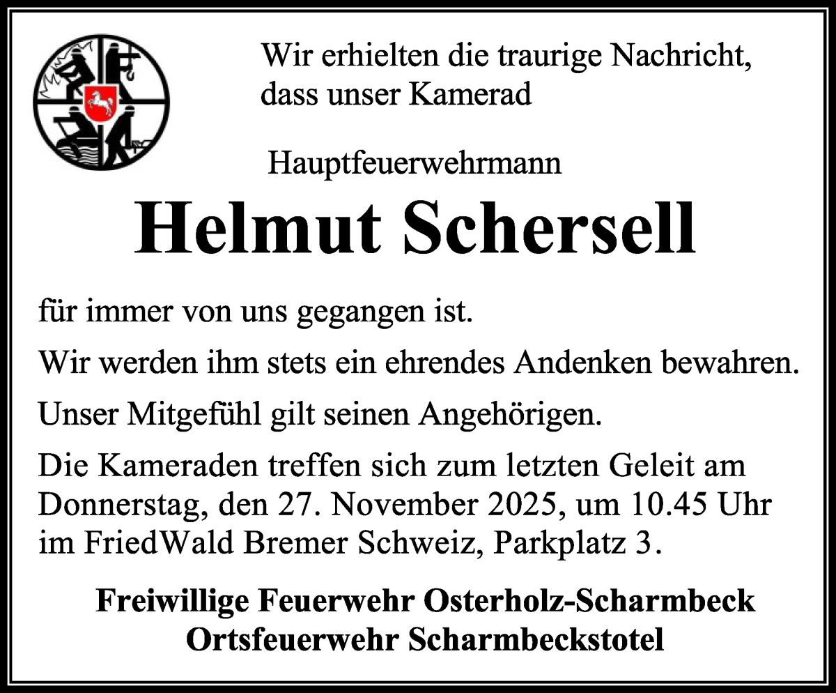 Traueranzeige von Helmut Schersell von Osterholzer Kreisblatt