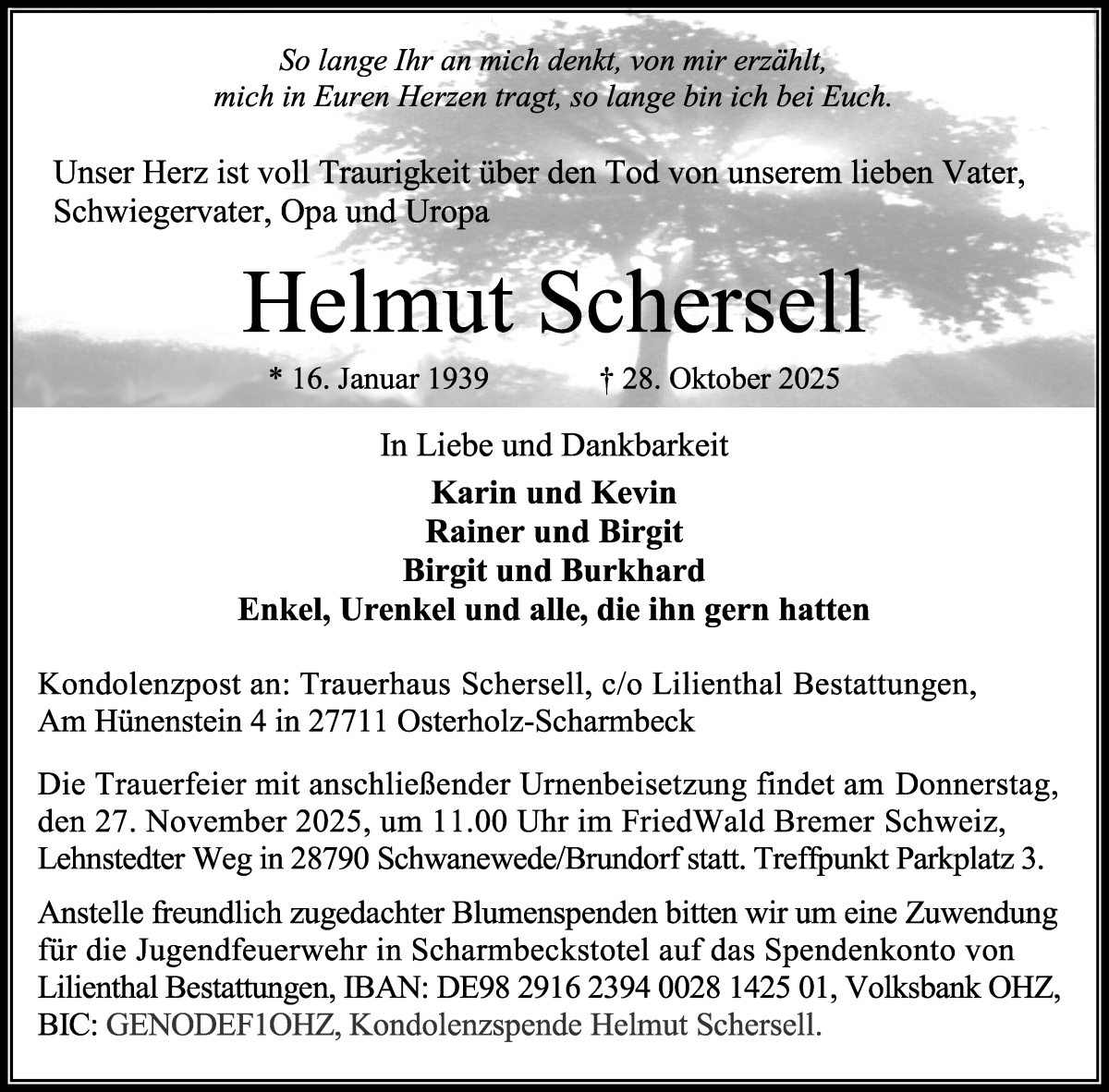 Traueranzeige von Helmut Schersell von Osterholzer Kreisblatt