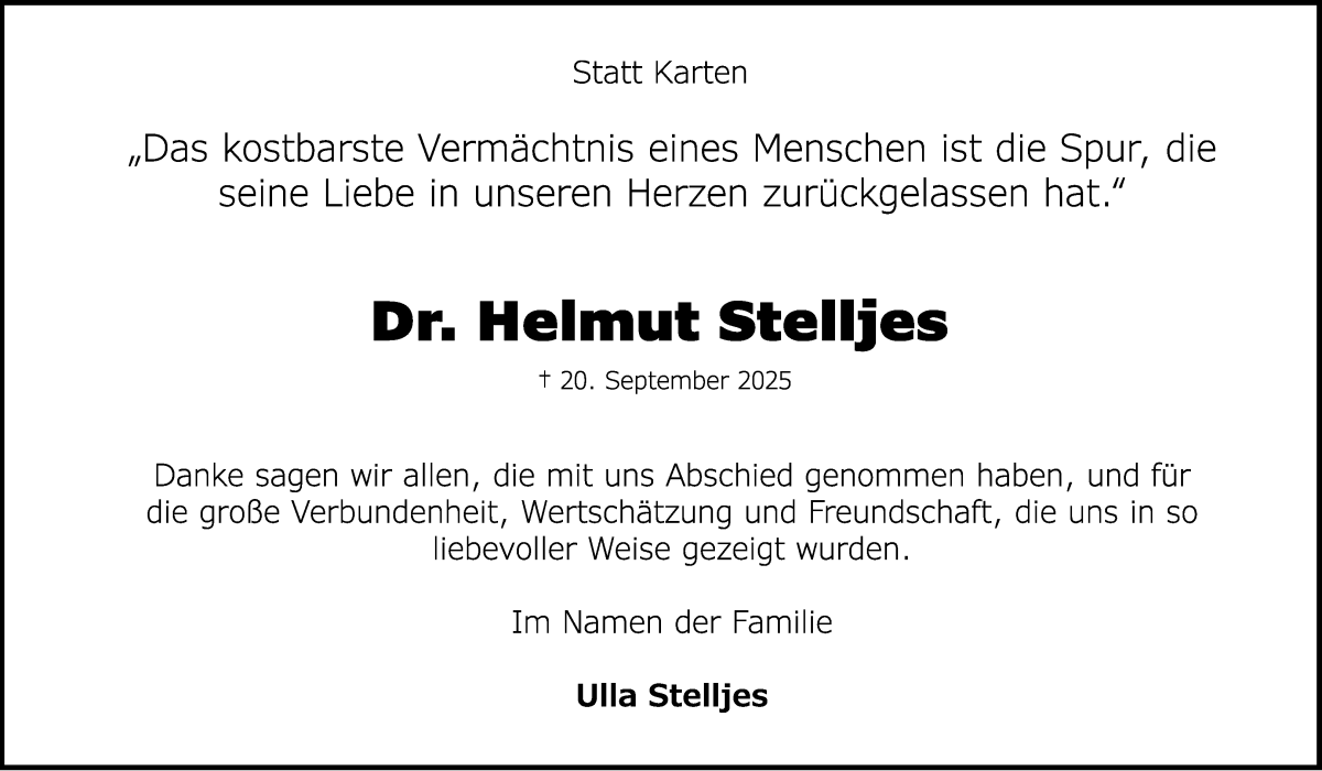 Traueranzeige von Helmut Stelljes von Wuemme Zeitung