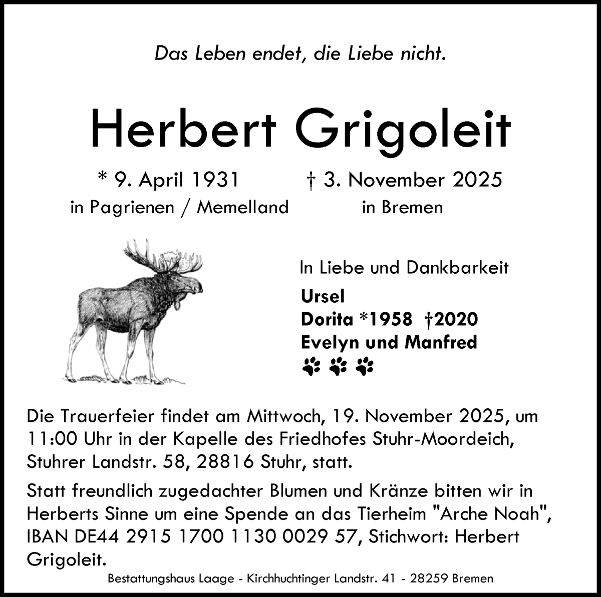 Traueranzeige von Herbert Grigoleit von WESER-KURIER