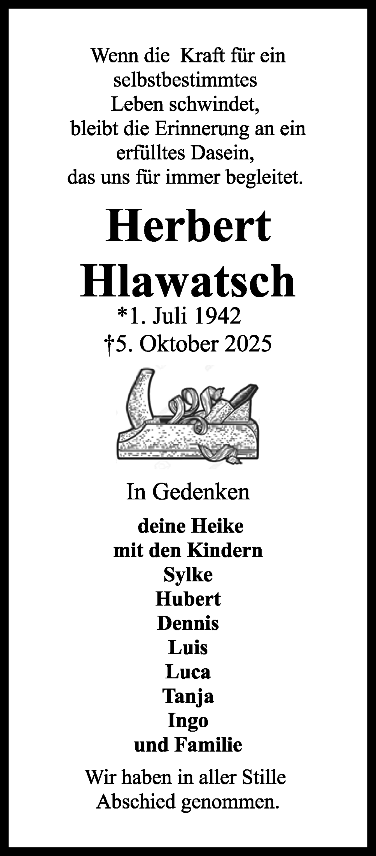 Traueranzeige von Herbert Hlawatsch von WESER-KURIER