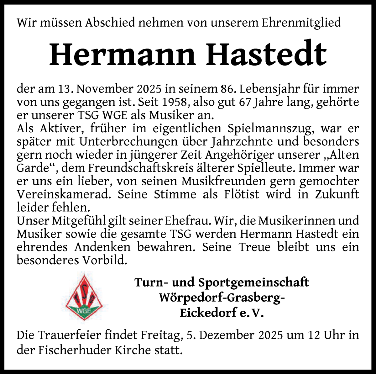 Traueranzeige von Hermann Hastedt von Wuemme Zeitung