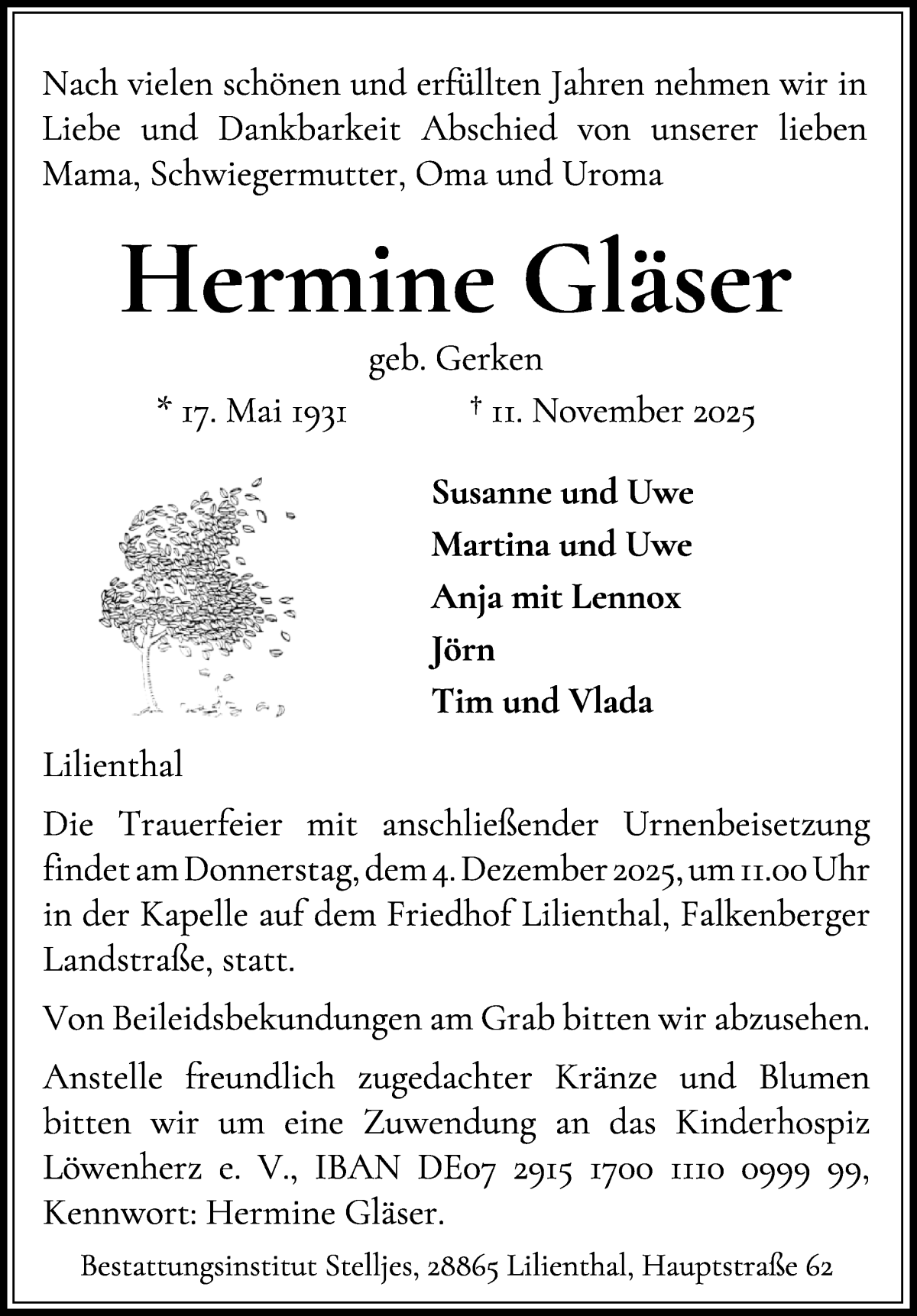 Traueranzeige von Hermine Gläser von Wuemme Zeitung