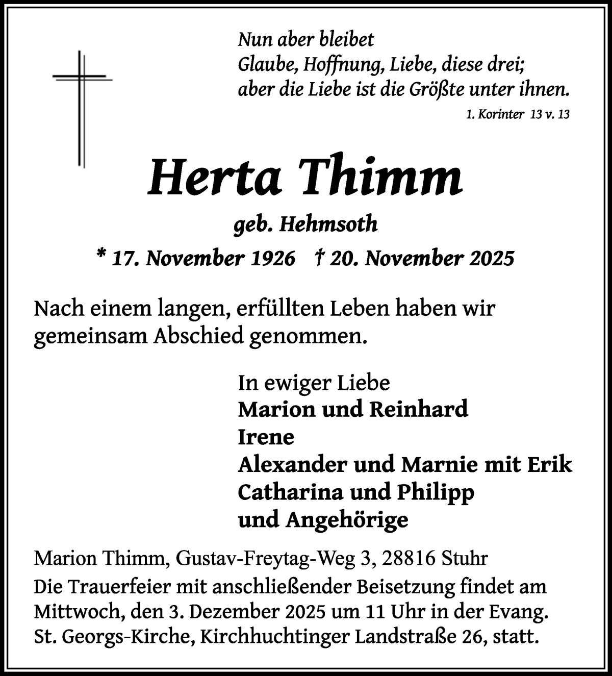 Traueranzeige von Herta Thimm von WESER-KURIER