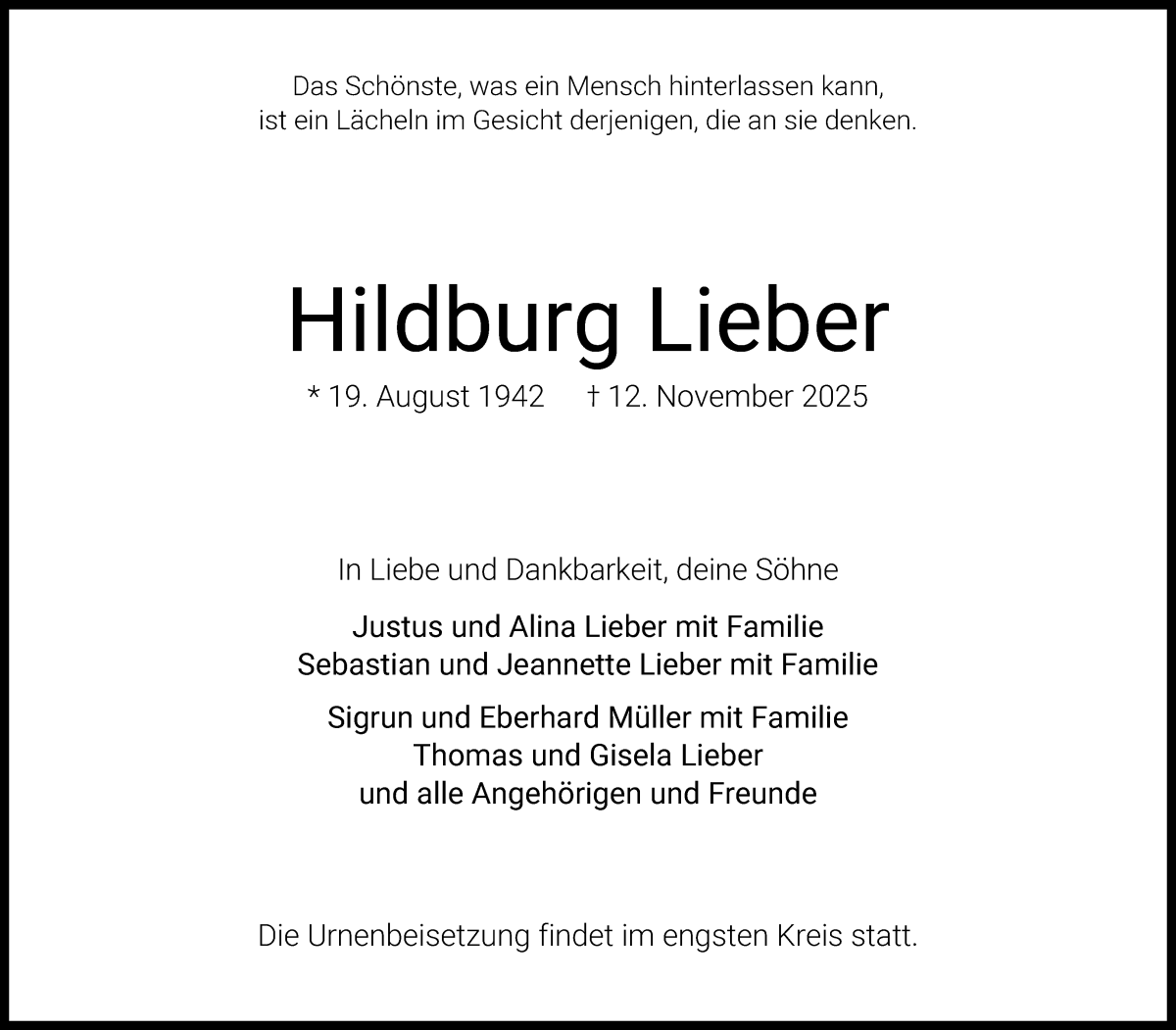 Traueranzeige von Hildburg Lieber von WESER-KURIER