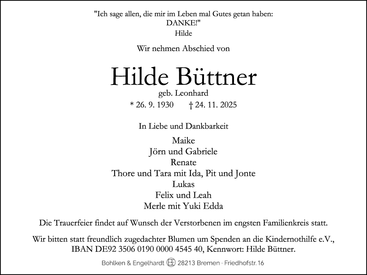 Traueranzeige von Hilde Büttner von WESER-KURIER